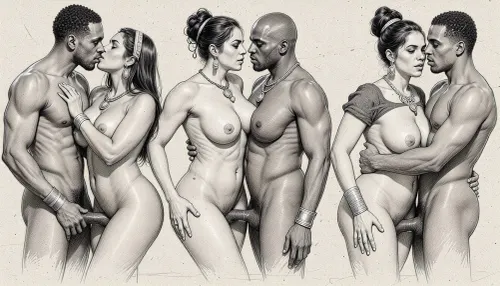 full body view, Rough charcoal sketch on textured paper, Nsfw. Pornographic art. explicit Lesbian sexual intercourse poses of couples of beautiful nude woman from diverse ethnicities, curvy, busty, wide hips, traditional hairstyles and jewelry. clean line art, ethnographic erotic studies