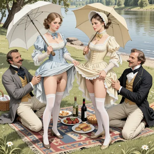 This is a detailed monochromatic pencil drawing in a classical illustrative style depicts a scene set in Russian Empire in 1860s, .bright, colorful colors, top view, (warm ambient light:.5), (shadows:.4), Summer, heat, south, 2 very beautiful noble women, ((1 very beautiful nice cute younger noble women 18 years old)), (both are different with elegant hairstyles, beautiful dresses with lift up hem, bonnet-hat in the style of the 19th century and long white silk stockings, shoes, with umbrellas in their handse), ((They both stand and lift the hems of their dresses above their waists in front of the 2 Dapper moustaches guys sitting on the river beach)), ((women's hairy pubic and hairy labia are visible)), (A mischievous smile on faces), 2 Dapper moustaches guys Fully dressed like the dandies of that era with laughter, a rug with food and bottles of wines for a picnic is spread out on the grass in front of the whole company. view from below, perfect fingers, perfect anatomy, (woman's body and girl's body), 2girl+ 2guys, The overall mood is intense, rendered in fine, expressive line work and subtle shading, evoking the style of 1950s satirical or moralistic illustrations.