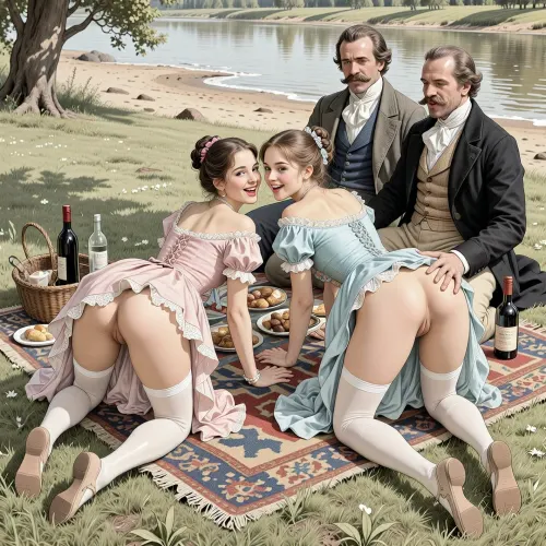 This is a detailed monochromatic pencil drawing in a classical illustrative style depicts a scene set in Russian Empire in 1860s, .bright, colorful colors, top view, (warm ambient light:.5), (shadows:.4), Summer, heat, south, 2 very beautiful noble women, ((1 very beautiful nice cute younger noble women 18 years old)), (both are different with elegant hairstyles, she are wearing in beautiful dresses with lift up hem, dresses style of the 19th century and long white silk stockings, shoes), women are smiles playfully, ((They both on all fours leaning on her elbows and lift the hems of their dresses above their waists, 2 different Dapper moustaches guys sitting Behind them on the river beach)), ((women's butts are visible)), 2 Dapper moustaches with goatees guys Fully dressed like the dandies of that era with laughter, a rug with food and bottles of wines for a picnic is spread out on the grass in front of the whole company. view from rear and below, perfect fingers, perfect anatomy, (woman's body and girl's body), 2girl+ 2guys, The overall mood is intense, rendered in fine, expressive line work and subtle shading, evoking the style of 1950s satirical or moralistic illustrations.