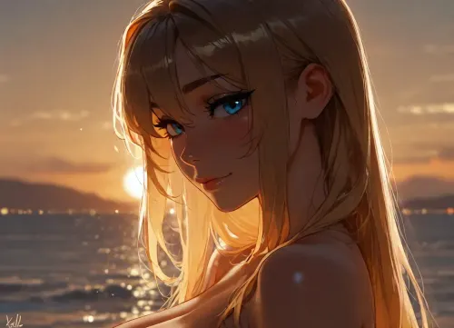 1girl, in the ocean at the beach. Sunset, warm glow of the sun reflecting off the water, Standing in Chest deep water, Kelli, ______1girl, smiling, naked shoulders, breasts just starting to show above the water, side view, head focus, long golden blonde hair, detailed face, big innocent eyes, blue eyes, looking at viewer, naughty face, blushing, sunset background, (incase:.8), masterwork, masterpiece, best quality, high detailed, light through hair, very aesthetic, 8k, flash on the girl., backlight, edge lighting. 1girl, solo, bangs, eye, focus, close-up, sparkle, looking, at, viewer, glowing, eyelashes, <lora:dark:.6>, <lora:Jeweled eyes-NAI:.9>, <lora:BUT_SDXL_SHS:1.7>, <lora:attractive_notrigger:1.6>, <lora:style_lora_realis:.8>