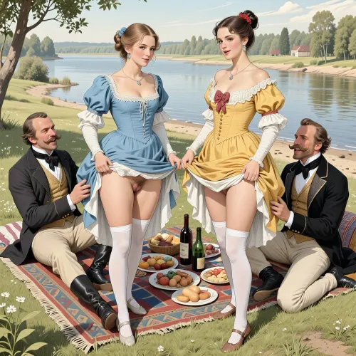 This is a detailed monochromatic pencil drawing in a classical illustrative style depicts a scene set in Russian Empire in 1860s, .bright, colorful colors, top view, (warm ambient light:.5), (shadows:.4), Summer, heat, south, 2 very beautiful noble women, ((1 very beautiful nice cute younger noble women 18 years old)), (both are different with elegant hairstyles, beautiful dresses with lift up hem, dresses style of the 19th century and long white silk stockings, shoes), ((They both stand and lift the hems of their dresses above their waists in front of the 2 Dapper moustaches guys sitting on the river beach)), ((women's hairy pubic and hairy labia are visible)), (A mischievous smile on faces), 2 Dapper moustaches guys Fully dressed like the dandies of that era with laughter, a rug with food and bottles of wines for a picnic is spread out on the grass in front of the whole company. view from below, perfect fingers, perfect anatomy, (woman's body and girl's body), 2girl+ 2guys, The overall mood is intense, rendered in fine, expressive line work and subtle shading, evoking the style of 1950s satirical or moralistic illustrations.