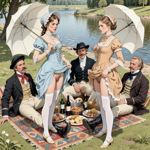 This is a detailed monochromatic pencil drawing in a classical illustrative style depicts a scene set in Russian Empire in 1860s, .bright, colorful colors, top view, (warm ambient light:.5), (shadows:.4), Summer, heat, south, 2 very beautiful noble women, ((1 very beautiful nice cute younger noble women 18 years old)), (both are different with elegant hairstyles, beautiful dresses with lift up hem, bonnet-hat in the style of the 19th century and long white silk stockings, shoes, with umbrellas in their handse), ((They both stand and lift the hems of their dresses above their waists in front of the 2 Dapper moustaches guys sitting on the river beach)), ((women's hairy pubic and hairy labia are visible)), (A mischievous smile on faces), 2 Dapper moustaches guys Fully dressed like the dandies of that era with laughter, a rug with food and bottles of wines for a picnic is spread out on the grass in front of the whole company. view from below, perfect fingers, perfect anatomy, (woman's body and girl's body), 2girl+ 2guys, The overall mood is intense, rendered in fine, expressive line work and subtle shading, evoking the style of 1950s satirical or moralistic illustrations.