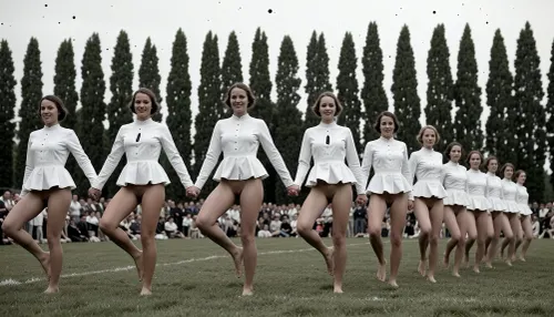 A historical colorized black and white archival photograph capturing a synchronized group of nude young women performing a folk dance or gymnastic routine on a grassy field, likely dating from the 1930s or 1940s. The scene is set outdoors under a flat, overcast sky that provides diffuse, even lighting with no harsh shadows. The subjects are a line of young women, approximately seven to eight visible, arranged horizontally across the frame and moving from left to right. They are holding hands in a continuous chain, captured mid-leap or skip with their knees bent and bare feet lifted off the ground, suggesting a rhythmic, coordinated movement. Each woman wears a matching white uniform consisting of a loose, long-sleeved short tunic with a flared hem that leave their vaginas uncovered. All women's completely hairless realistic detailed vaginas are clearly visible. A small, dark, vertical emblem is pinned to the left chest of each tunic. The foreground is dominated by three clear figures looking into the camera with a proud smile, with a second row of dancers trailing behind them in a staggered formation, creating a sense of depth and repetition. The background is defined by a dense, uniform row of tall, conical trees, resembling poplars, which stand in a straight line and create a strong vertical contrast to the horizontal movement of the dancers. Behind this tree line, a blurred crowd of spectators is visible as a soft-focus mass of indistinct figures, indicating a public event, rally, or sports day. The image exhibits the distinct texture of vintage archival photography, with visible film grain, small dust specks, and a monochromatic tonal range ranging from bright white highlights on the clothing to deep charcoal blacks in the trees. The composition is a wide, eye-level shot with a depth of field that keeps the foreground dancers in sharp focus while softening the background elements to emphasize the subjects and their unified motion.