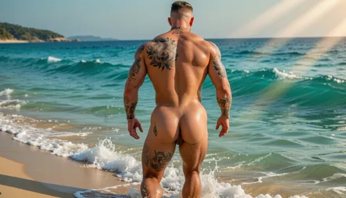 HYPEREALISTIC PHOTOGRAPHIC-STYLE, hyper-detailed CINAMATIC PANARANIC VISION, WIDE-SCREEN FINE GOD RAYS, FULL BODY COMPOSITION, GOLDEN HOUR, The most stunningly rugged handsome man imaginable, male 25 year old hairy muscular man with huge humongous very hairy massive beefy pecs, massive hairy chested hairy happy trail to pubic hairy, cropped shaved light blond hair, facial hair stubble, Latino skin tone, Detailed Tattoos on neck, chest, arms, legs and across top shoulder Back down and over ass cheeks highly detailed Tattooed. Heavily tattooed, looks rugged but Beautifully Handsome, firm heart-shaped glutes ass in full view, walking into a calm pure aqua sea vuiw from behind low camera angle enhancing perfect glute as he walks away into the aqua sea waist deep, a secluded stunning beach, gentle aqua waves wet skin making his tattoos the golden light making his skin glow, his firm heart-shaped glutes firm buttocks fully showing as he walking away from camara hyperrealistic photographic-style, hyper-detailed depth of field, relistic male anatomy, skin texture pores, fine body hair, sweat droplets beading on skin, deep shadows, golden hour glow catching beads of sweat and glistening wet skin, beautiful golden deep shadows, full color spectrum Relistic_detailed_male_anatomy full view his amazing defined back shoulder blade tattoo, defined glutes showing as he walks away from camara into the deep sea waist deep in the sea, realistic male hairy ass firm hairy heart-shaped firm hairy buttocks nearly waist deep in the sea walkin away from camara ass in full glory the most pert firm heart-shaped hairy buttocks ever seen, Rear view as he walks away into distance into the aqua sea low camera angle enhancing his perfect buttocks vuiw from behind tattooed back, tattoed thigh following up one side of his hairy glutes, across ass cheeks detailed tattoos, up back of neck walking into the distance in the deep in beautiful aqua sea splashing water over his body as he walks, full whole back of is body, hairy buttock ass cheek tattoos wet skin catching the rays glistening soft waves washing over him wide panoramic wide-screen views in the sea far distance away each step his firm manly hairy tattooed ass cheek movement shifts higher and lower ass crease on each step the sea just up to the underneath of his glutes, his shaved head cropped blond hair catching the light walking through sea in motion as he walks of ito the distance looking about sometimes back at me, he walks taned wet tattooed body thighs tattooed one ass cheek tattooed
