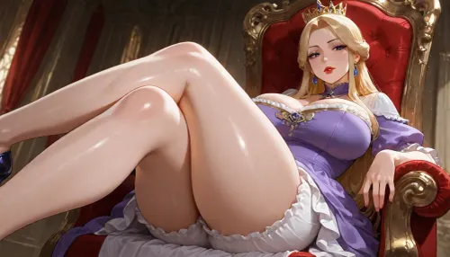 MILF, voluptuous, blond, hair in a bun, red lips, black eyeliner, purple Victorian dress, white bloomers, crown, sitting on a throne, legs crossed
