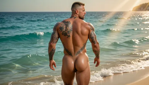 HYPEREALISTIC PHOTOGRAPHIC-STYLE, hyper-detailed CINAMATIC PANARANIC VISION, WIDE-SCREEN FULL BODY COMPOSITION, GOLDEN HOUR, GOD RAYS, The most stunningly rugged handsome man imaginable, male 25 year old hairy muscular man with huge humongous very hairy massive beefy pecs, massive hairy chested hairy happy trail to pubic hairy, cropped shaved head light blond hair, amazing seductively pale green eyes, plump male lips, facial hair stubble, Latino skin tone, Detailed Tattoos on neck, chest, arms, legs and across top shoulder Back down and over ass cheeks highly detailed Tattooed. Heavily tattooed, looks rugged but Beautifully Handsome, firm heart-shaped glutes ass in full view, walking into a calm pure aqua sea vuiw from behind low camera angle enhancing perfect glutes he looks slightly over his shoulder as he walks away into the aqua sea waist deep, a secluded stunning beach, gentle aqua waves wet skin making his tattoos the golden light making his skin glow, his firm heart-shaped glutes firm buttocks fully showing as he walking away from camara hyperrealistic photographic-style, hyper-detailed depth of field, relistic male anatomy, skin texture pores, fine body hair, sweat droplets beading on skin, deep shadows, golden hour glow catching beads of sweat and glistening wet skin, beautiful golden deep shadows, full color spectrum Relistic_detailed_male_anatomy full view his amazing defined back shoulder blade tattoo, defined glutes showing as he walks away from camara into the deep sea waist deep in the sea, realistic male hairy ass firm rounded hairy heart-shaped curved firm hairy buttocks nearly waist deep in the sea walkin away from camara ass in full glory the most pert firm heart-shaped hairy buttocks ever seen, Rear view as he walks away into distance into the aqua sea low camera angle enhancing his perfect buttocks vuiw from behind tattooed back down across ass cheeks detailed tattoos, up back of neck