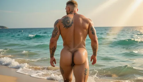 HYPEREALISTIC PHOTOGRAPHIC-STYLE, hyper-detailed CINAMATIC PANARANIC VISION, WIDE-SCREEN FINE GOD RAYS, FULL BODY COMPOSITION, GOLDEN HOUR, The most stunningly rugged handsome man imaginable, male 25 year old hairy muscular man with huge humongous very hairy massive beefy pecs, massive hairy chested hairy happy trail to pubic hairy, cropped shaved light blond hair, facial hair stubble, Latino skin tone, Detailed Tattoos on neck, chest, arms, legs and across top shoulder Back down and over ass cheeks highly detailed Tattooed. Heavily tattooed, looks rugged but Beautifully Handsome, firm heart-shaped glutes ass in full view, walking into a calm pure aqua sea vuiw from behind low camera angle enhancing perfect glute as he walks away into the aqua sea waist deep, a secluded stunning beach, gentle aqua waves wet skin making his tattoos the golden light making his skin glow, his firm heart-shaped glutes firm buttocks fully showing as he walking away from camara hyperrealistic photographic-style, hyper-detailed depth of field, relistic male anatomy, skin texture pores, fine body hair, sweat droplets beading on skin, deep shadows, golden hour glow catching beads of sweat and glistening wet skin, beautiful golden deep shadows, full color spectrum Relistic_detailed_male_anatomy full view his amazing defined back shoulder blade tattoo, defined glutes showing as he walks away from camara into the deep sea waist deep in the sea, realistic male hairy ass firm hairy heart-shaped firm hairy buttocks nearly waist deep in the sea walkin away from camara ass in full glory the most pert firm heart-shaped hairy buttocks ever seen, Rear view as he walks away into distance into the aqua sea low camera angle enhancing his perfect buttocks vuiw from behind tattooed back, tattoed thigh following up one side of his hairy glutes, across ass cheeks detailed tattoos, up back of neck walking into the distance in the deep in beautiful aqua sea splashing water over his body as he walks, full whole back of is body, hairy buttock ass cheek tattoos wet skin catching the rays glistening soft waves washing over him wide panoramic wide-screen views in the sea far distance away each step his firm manly hairy tattooed ass cheek movement shifts higher and lower ass crease on each step the sea just up to the underneath of his glutes, his shaved head cropped blond hair catching the light walking through sea in motion as he walks of ito the distance looking about sometimes back at me, he walks taned wet tattooed body thighs tattooed one ass cheek tattooed