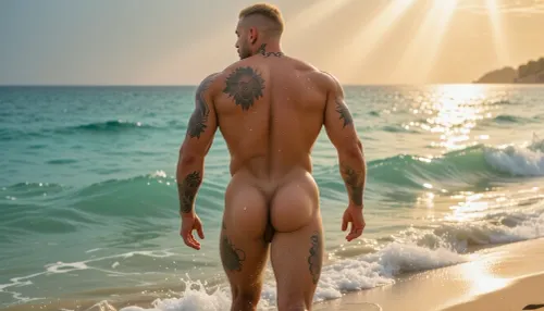 HYPEREALISTIC PHOTOGRAPHIC-STYLE, hyper-detailed CINAMATIC PANARANIC VISION, WIDE-SCREEN FULL BODY COMPOSITION, GOLDEN HOUR, GOD RAYS, The most stunningly rugged handsome man imaginable, male 25 year old hairy muscular man with huge humongous very hairy massive beefy pecs, massive hairy chested hairy happy trail to pubic hairy, cropped shaved light blond hair, facial hair stubble, Latino skin tone, Detailed Tattoos on neck, chest, arms, legs and across top shoulder Back down and over ass cheeks highly detailed Tattooed. Heavily tattooed, looks rugged but Beautifully Handsome, firm heart-shaped glutes ass in full view, walking into a calm pure aqua sea vuiw from behind low camera angle enhancing perfect glute as he walks away into the aqua sea waist deep, a secluded stunning beach, gentle aqua waves wet skin making his tattoos the golden light making his skin glow, his firm heart-shaped glutes firm buttocks fully showing as he walking away from camara hyperrealistic photographic-style, hyper-detailed depth of field, relistic male anatomy, skin texture pores, fine body hair, sweat droplets beading on skin, deep shadows, golden hour glow catching beads of sweat and glistening wet skin, beautiful golden deep shadows, full color spectrum Relistic_detailed_male_anatomy full view his amazing defined back shoulder blade tattoo, defined glutes showing as he walks away from camara into the deep sea waist deep in the sea, realistic male hairy ass firm rounded hairy heart-shaped curved firm hairy buttocks nearly waist deep in the sea walkin away from camara ass in full glory the most pert firm heart-shaped hairy buttocks ever seen, Rear view as he walks away into distance into the aqua sea low camera angle enhancing his perfect buttocks vuiw from behind tattooed back, tattoed thigh following up one side of his hairy glutes, across ass cheeks detailed tattoos, up back of neck walking into the distance in the deep in beautiful aqua sea splashing water over himself as he walks, full whole back of is body, hairy buttock ass cheek tattoos wet skin catching the rays glistening soft waves washing over him wide panoramic wide-screen views in the sea far distance away each step his firm manly hairy tattooed ass cheek movement shifts higher and lower on each step the sea just up to the underneath of his glutes, his shaved head cropped blond hair catching the light walking through sea in motion as he walks of ito the distance looking about as he walks