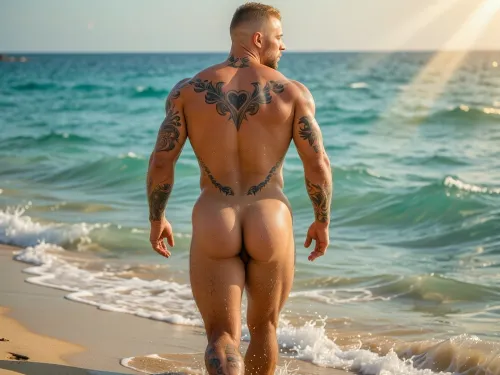 HYPEREALISTIC PHOTOGRAPHIC-STYLE, hyper-detailed Cinematic Panoramic VISION, WIDE-SCREEN FINE GOD RAYS, FULL BODY COMPOSITION, GOLDEN HOUR, The most stunningly rugged handsome man imaginable, male 25 year old hairy muscular man with huge humongous very hairy massive beefy pecs, massive hairy chested hairy happy trail to pubic hairy, cropped shaved light blond hair, facial hair stubble, Latino skin tone, Detailed Tattoos on neck, chest, arms, legs and across top shoulder Back down and over ass cheeks highly detailed Tattooed. Heavily tattooed, looks rugged but Beautifully Handsome, firm heart-shaped glutes ass in full view, walking into a calm pure aqua sea vuiw from behind low camera angle enhancing perfect glute as he walks away into the aqua sea waist deep, a secluded stunning beach, gentle aqua waves wet skin making his tattoos the golden light making his skin glow, his firm heart-shaped glutes firm buttocks fully showing as he walking away from camara hyper realistic photographic-style, hyper-detailed depth of field, realistic male anatomy, skin texture pores, fine body hair, sweat droplets beading on skin, deep shadows, golden hour glow catching beads of sweat and glistening wet skin, beautiful golden deep shadows, full color spectrum Relistic_detailed_male_anatomy full view his amazing muscular defined tattooed back shoulder blade tattoo, defined glutes showing as he walks away from camara into the deep sea waist deep in the sea, realistic male hairy ass firm hairy heart-shaped firm hairy buttocks nearly waist deep in the sea walking away from camara, slight side glance, the most pert firm heart-shaped hairy buttocks ever seen, Rear view as he walks away into distance into the aqua sea low camera angle enhancing his perfect buttocks vuiw from behind tattooed back, tattooed thigh following up one side of his hairy glutes, across ass cheeks detailed tattoos, up back of neck walking into the distance in the deep in beautiful aqua sea splashing water over his body as he walks, full whole back of is body, hairy buttock buttocks tattoos wet skin catching the rays glistening soft waves washing over him wide panoramic wide-screen views in the sea far distance away each step his firm manly hairy tattooed ass cheek movement shifts higher and lower ass crease on each step the sea just up to the underneath of his glutes, his shaved head cropped blond hair catching the light walking through sea in motion as he walks of ito the distance looking about sometimes back at me, he walks tanned wet slick skin tattooed body thighs tattooed leading up one side of buttock