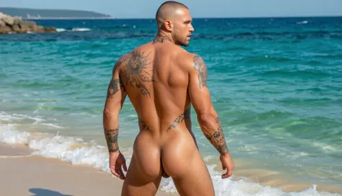 HYPEREALISTIC PHOTOGRAPHIC-STYLE, hyper-detailed CINAMATIC PANARANIC VISION, WIDE-SCREEN FULL BODY COMPOSITION, GOLDEN HOUR, GOD RAYS, The most stunningly rugged handsome man imaginable, male 25 year old hairy muscular man with huge humongous very hairy massive beefy pecs, massive hairy chested hairy happy trail to pubic hairy, cropped shaved head light blond hair, amazing seductively pale green eyes, plump male lips, facial hair stubble, Latino skin tone, Detailed Tattoos on neck, chest, arms, legs and across top shoulder Back down and over ass cheeks highly detailed Tattooed. Heavily tattooed, looks rugged but Beautifully Handsome, firm heart-shaped glutes ass in full view, walking into a calm pure aqua sea vuiw from behind low camera angle enhancing perfect glutes he looks slightly over his shoulder as he walks away into the aqua sea waist deep, a secluded stunning beach, gentle aqua waves wet skin making his tattoos the golden light making his skin glow, his firm heart-shaped glutes firm buttocks fully showing as he walking away from camara hyperrealistic photographic-style, hyper-detailed depth of field, relistic male anatomy, skin texture pores, fine body hair, sweat droplets beading on skin, deep shadows, golden hour glow catching beads of sweat and glistening wet skin, beautiful golden deep shadows, full color spectrum Relistic_detailed_male_anatomy full view his amazing defined back shoulder blade tattoo, defined glutes showing as he walks away from camara into the deep sea waist deep in the sea, realistic male hairy ass firm rounded hairy heart-shaped curved firm hairy buttocks nearly waist deep in the sea walkin away from camara ass in full glory the most pert firm heart-shaped hairy buttocks ever seen, Rear view as he walks away into distance into the aqua sea low camera angle enhancing his perfect buttocks vuiw from behind tattooed back down across ass cheeks detailed tattoos, up back of neck walking into the distance in the deep in beautiful aqua sea splashing water over himself as he walks, full whole back of silhouette buttock tattoos wet skin catching the rays glistening