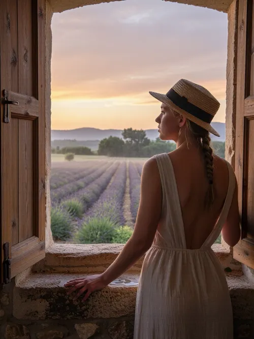 A photorealistic, cinematic image of a woman of European appearance standing by a wide, open window of an old stone village house in Provence early in the morning. The young woman gazes into the distance with a calm, pensive expression. Her long hair is braided into a single plait. On her head is a classic straw canotier hat with a narrow brim and a black ribbon. She is wearing a light beige sleeveless linen dress with an open back. One hand rests on a rough stone windowsill with a few drops of water. Open wooden shutters and a stone wall are visible. Outside the window are endless, even rows of blooming lavender with green foliage, and a light morning mist hovers over the fields. On the horizon are hills and trees, and the sky is bathed in the soft pink, orange, and lilac hues of the rising sun. Warm, golden morning light illuminates skin, fabric, wood, and stone. Extremely detailed textures, natural colors, an atmosphere of tranquility and rural idyll—a professional photograph.