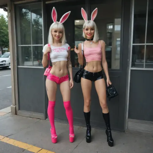 sunlight fully clothed, parking showwindow, (duo prostitute-bunnies, (bunnytail oiledass), petite-skinny), lots tattoos, (puffy cameltoe big cameltoe-flashing:1.2), big-lips lipstick, lolly eating, smile, arms V-handghesto, rolling big eyes viewer, ((platform plateauheels high vibrant-neoncolors)), navel piercing, ((overknee longsocks)), superwaist arching, ((seethroughlatex microshorts pulled)), neck straps, (mini pushuptop, (very-erect nipples), ((small bag)), white hair pigtail bangs clip)
