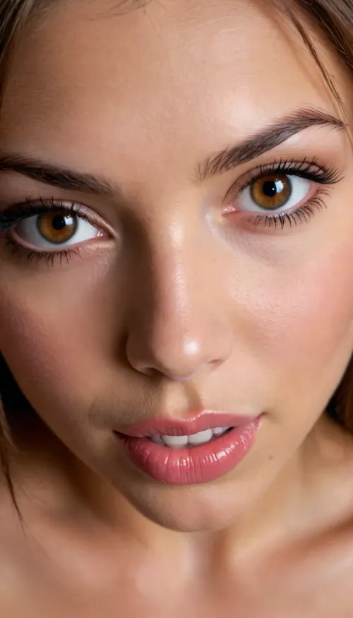21 YEAR OLD PORTUGAL BIMBO SLUT, IN FRONT OF VIEWER, VERY EXTREMELY EXTREMELY CLOSE UP, FACE & BREASTS DIRECTLY IN VIEWERS FACE, FACE TO FACE, DIRECTLY IN FRONT OF VIEWER, LARGE BIG BOOBS, VERY CLOSE UP, BENDING FORWARD, BRIGHT FACE, VERY TANNED SKIN, GOOD LIGHTING, LONG NATURAL BROWN HAIR, BIG BROWN EYES, BIG BIMBO LIPS, SMILING, SLUT, PERFECT FACE