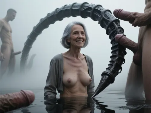 A full-body, head-to-toe. An elderly, innocent, topless, cheerful grandmother who's wearing a blouse, (an aged woman, 70 years old:1.8), . Her skin is that of a 70-year-old woman. The old lady has grey hair, (Small, long, and very saggy breasts:1.8), ((very detailed skin)), . Hair cut in a bob, surrounded by men's giant penises
A surreal, high-contrast digital art piece featuring a singular, organic, textured creature appendage or spine-like structure, reminiscent of H.R. Giger’s biomechanical aesthetic, arching downwards against a minimalist, misty background. The object is dark, gritty, and segmented, with a sharp, pointed tip extending towards the bottom center. The scene is bathed in a soft, ethereal, and hazy light, with a reflective, glossy surface at the base. The composition is stark and atmospheric, using a monochromatic color palette of grays, blacks, and soft whites, with deep shadows and subtle highlights that create a sense of mystery, isolation, and sci-fi horror. Cinematic lighting, smooth gradients, 8k resolution, mysterious atmosphere.