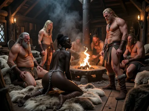 A highly detailed, photorealistic scene set inside a Viking chieftain’s longhouse during the 14th century. The interior is rugged and authentic, with thick, soft animal furs—often sheepskins—spread out as makeshift bedding. Large central fire pits illuminate the space, with a big chimney above to vent the smoke. In the foreground, (a 22 years old and black skinned female African Slave in chains:1.6), has various sex lightly dressed on the furs with several masculine blonde vikings, (viking warriors:1.3), each Viking is clearly distinct in age, physique, facial features and hair color, no two men look alike, one Viking is older and heavily built with a broad belly and thick gray beard, another is tall, thin and wiry with long blond hair, another is powerfully muscular with broad shoulders and reddish brown hair, others vary naturally between stocky, lean, athletic and heavyset builds, with blond, brown, red, dark and graying hair, different beard lengths, hairstyles and signs of age, creating a believable diverse group of individual Viking warriors rather than repeated identical characters, tall and muscular figure, stands by the fire, the silhouettes highlighted by the warm, flickering light. The woman, seen from behind, shows her slender, athletic form as her vagina becomes hard thrusts, The atmosphere is filled with the smoky, dim light of torches on the walls, and the rough-hewn wood of the longhouse adds to the rustic charm. The interplay of light and shadow creates a romantic and intimate mood, capturing the essence of Viking life, The scene is rich in detail, capturing the intensity of the rain and the atmosphere of the night, (ziprealism:1.3), ultra-sharp details, realistic skin texture, refined contrast, 8k detail, authentic facial expression, clean composition, (maximum photo quality:1.4), (maximum resolution:1.5)
