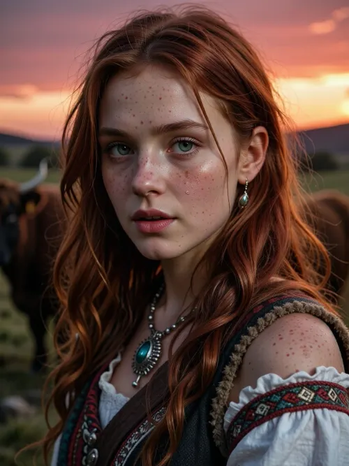 A photorealistic, cinematic masterpiece, a full-body shot of a fictional Scottish cattle herder, (18 years old, though she appears younger), dressed in traditional local attire, captured while working amidst an evening atmosphere, a red sunset, and warm colors. The scene captures a completely natural, unposed moment, she freezes suddenly upon hearing a faint sound, fixing her attentive gaze on the viewer. Her entire body, (head to toe), serves as the absolute visual focal point, captivating, deep green eyes with a hypnotic, instinctive stare and extraordinary detail, traditional jewelry, razor-sharp iris structures featuring visible radial fibers and microscopic reflections, individually defined eyelashes. Her skin is extremely pale with fine, realistic freckles and breathtakingly realistic texture, visible pores, goosebumps, fine lines, tiny scars, and beads of sweat. No makeup, striking cheekbones, a defined jawline, and lips with natural texture. Extremely long, wavy, fiery red hair. Set within the gentle atmosphere of a Scottish Highland landscape featuring Highland cattle, intense cinematic tension, absolute silence, raw beauty, and cinema-quality visuals. Extremely shallow depth of field, both the eyes and facial skin are razor-sharp down to the finest detail, while the background blurs, ultra-high resolution, maximum realistic detail, and extreme micro-contrast.