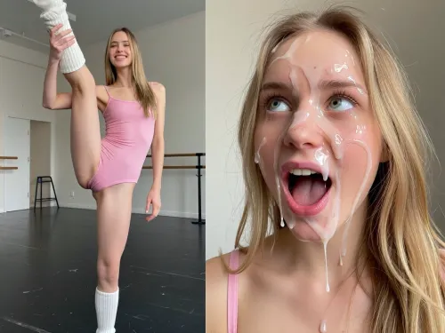 (side-by-side, two full body shot pictures, of the same 6 foot 2 inch tall and 35kg extreme skinny anorexic Austrian 30yo adult ballet dancer with small tits, she looks like avva.ballerina, long skinny legs, narrow hips, thigh gap, long slim legs, with long blonde hair and tall narrow nose and narrow long face, moles:1.3), BREAK, in the left picture she looks shy and laughing happy, dressed in tight pink ballet costume and white knitted tights, lifting one leg up in ballet pose, (right picture her face and forehead and hair is completely covered in excessive amounts of realistic semi-transparent cum, an excessive amount of cum is on her face and in her mouth and in her hair, cum is dripping down on her nude chest, cum dripping from nose and chin, cum in hair, cum in eyes), her eyes are open wide, but filled with sticky cum, her hair is messy, (her facial expression in the right picture is extremely horny, moaning in delight, cum is gushing from her mouth:1.2), ((The woman is the same extreme skinny tall pretty adult woman on both pictures, same pose:1.3)), Background for both pictures is ballet practice hall, extremely naturalistic an realistic