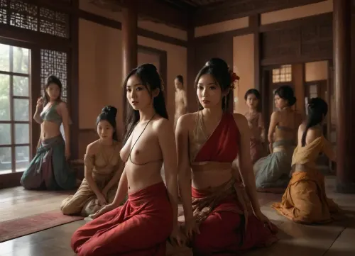 I having fun in an ancient asian harem with a lot of different asian girls, A realistic environmental scene showing with natural shadows and reflections