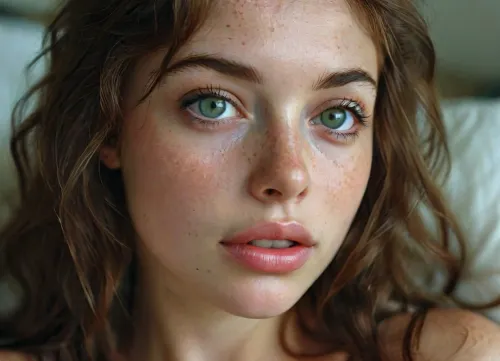 This is a highly detailed, photorealistic digital artwork depicting a young european woman with model-like features and intense freckles. pov, Bottom view, looking into eyes, woman laying down, seductive 24 yo woman, breathtaking youthful 24 year old, European, tanned complexion, real skin details, lots of freckles, adorable expression, half smile, half curled smile, joking, fun, best friends, green eyes, very skinny body, beautiful innocent eyes, large eyes, focused eyes, clear eyes, green eye color, half open eyes, expression of longing, detailed facial expressions, some small asymmetrical features, sensual, long brunette hair, loose natural hair, luscious sensual lips, dappled bright sunlight, intimate view, upper body and and shoulders, ultra detailed, highly detailed, masterpiece, looking at viewer, clean face, sensual eye contact, (passion:1.4), sensual mood, close view on face, ((seductive eyes, lascivious half-lidded eyes, copulatory gaze)), very realistic, hyper realistic, detailxl, Freckles, Natural, skin, 4k epic detail, shot on kodak, 35mm photo, sharp focus, high budget, cinemascope, epic, gorgeous, film grain, grainy, rating, sunshine casts varied light and shadow on her face, green, blue, brown, perfecteyes, (best quality), (highly detailed), (ultra-realistic), in, (1980:1.2), (polaroid photo:1.1), Kodak Portra 400 color film. Nostalgic, film-grain aesthetic., with an overall underexposure of 1-2 stops to accentuate the darkness and isolation of the environment. Soft backlight., analog, AnalogRedmAF, <lora:Cosine_freck:1.8>, <lora:SDXL_BetterFaces-LoRA_v1:.4>, <lora:MJ52:1>, <lora:AnalogRedmondV2-Analog-AnalogRedmAF:1.2>