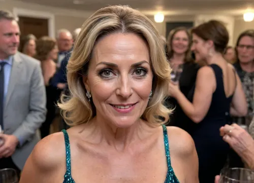photorealistic, candid photo, taken with an iPhone15 Pro, of a 50-year-old MILF at a party having fun and flashing some of the guests