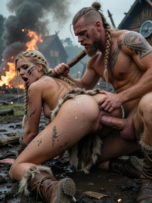 8k UHD, highly detailed, sharp focus, professional cinematography, photorealistic, RAW photo, masterpiece. A cinematic wide shot of a burning Viking village in the background with embers and thick smoke, dramatic atmospheric lighting. Subject, A 18-year-old extremely voluptuous blonde Viking woman, tanned firm skin, face smeared with mud and dirt, dark eyeliner, black war paint stripes, braided hair, wearing torn fur garments, bare buttocks, positioned on all fours, ass up in the air. Expression, open mouth, closed squinted eyes, orgasmic face, clinging to the muddy ground. Action, A muscular blonde Viking man with a braided beard and war paint, squatting behind her, full deep anal penetration, penis buried deep in anus, violent momentum, gripping her hair tightly, hairpulling, punishing expression, closed eyes. Details, natural skin textures, visible pores, sweat, cum on buttocks, cum on face. Low perspective, front facing POV, central composition, dramatic chiaroscuro, volumetric lighting, 85mm lens, f/1.8, highly detailed skin rendering, hyper-realistic anatomy.