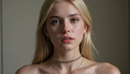 Uber realistic, perfect illumination, (best shadow), 8K, UHD, sharp image, (best illumination), best quality, ultra-detailed, fine detail, highres, 8k wallpaper, masterpiece, high definition, pale young slim 18 year old blonde girl with a choker on her neck and a chain attached to it like a slave