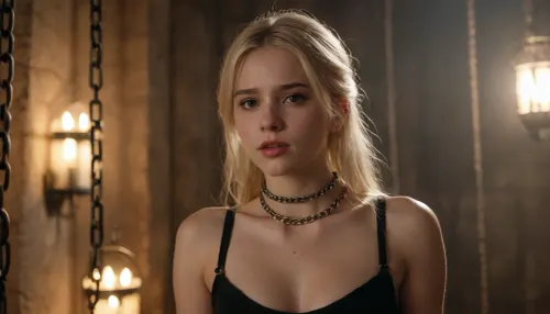 Uber realistic, perfect illumination, (best shadow), 8K, UHD, sharp image, (best illumination), best quality, ultra-detailed, fine detail, highres, 8k wallpaper, masterpiece, high definition, pale young slim 18 year old blonde girl with a choker on her neck and a chain attached to it like a slave. Show the full body of the girl and make the background a dungeon