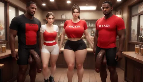(((interracial:1.9))), blacked, (((25yo disgusted ginger waitress in short white tight shorts and red t-shirt groped by black guys with massive long flaccid veiny cock:1.7))), Tavern interior, (2 african men with extremly long flaccid cocks:1.3), (((black man with hyper long black cock, extra thick and 1 meter long black veiny cocks))), (((a curvy ginger waitress in a white tight shorts and red t-shirt talk to 2 african guys in jeans and black t-shirt:1.4))), (((A cock long enough to reach the ground))), front view, (((camel toe))), she rising middle ginger, single braid, handjob, many people around, T4v3rn, tavern, cover, blackedwear, ass, breasts, Christine_Duffy_P_MXAI_SDXL, <lora:T4v3rn:2>, <lora:BLACKED_girls:2>, <lora:Dramatic_penis_SDXL:2>, huge, cock, anime, hugest, man, ever, cumming, <lora:HugeAnimeCocks:.8>, Curvy, body, <lora:b8174d41-8ba7-4318-bc14-53ee7e353d91.TA_trained:.8>