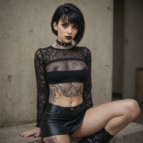 Goth girl. 22years old. Emo cut black hair. Wide beautiful eyes. Full lips with black lipstick. Very Large firm tits with prominent dark nipples. Fully see through long sleeve mesh shirt. Bare midriff. Very short black leather skirt. Tattoos. Bondage collar. Prominent nose piercing. Black boots.