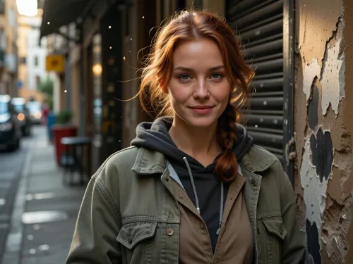 Ultra-realistic cinematic street portrait, exact recreation of the reference composition, an adult woman, 25 years old, positioned slightly right of center in the immediate foreground, framed from approximately mid-torso upward, body angled subtly toward the viewer while her face turns directly toward the lens, relaxed shoulders, calm confident posture, gentle closed-mouth smile, soft warm expression, direct eye contact, delicate natural facial structure, softly defined cheekbones, straight narrow nose, natural lips, deep green eyes, realistic asymmetry and subtle skin imperfections, medium olive-beige complexion with visible pores, fine facial texture and faint natural under-eye detail, long redhead hair loosely tied into a messy low bun, several fine strands falling naturally around her forehead, temples and cheeks, slightly windswept texture, layered worn street clothing, faded olive-gray oversized jacket with visible stitching, seams, creases and subtle stains, dark charcoal hooded sweatshirt beneath it, muted taupe shirt underneath, realistic layered collars and fabric thickness, narrow urban alleyway receding behind her toward the left, weathered wall immediately beside her on the right with peeling paint, rough plaster, graffiti traces and dark irregular patches, closed dark metal roller shutter behind her shoulder, heavily blurred background with indistinct parked vehicles, street furniture and storefront elements, warm golden-hour sunlight entering from behind and above, strong amber rim light tracing her hair and right shoulder, soft natural frontal fill on her face, glowing backlit stray hairs, tiny illuminated dust particles suspended in the air, shallow depth of field, creamy circular bokeh, 50 mm full-frame photographic look, approximately f/1.8, eye-level viewpoint, extremely sharp focus on eyes and facial skin, background strongly defocused, warm cinematic color grading, muted olive, brown and charcoal palette, soft highlight roll-off, realistic dynamic range, subtle film grain, restrained microcontrast, natural optical imperfections, documentary authenticity, photorealistic skin, fabric and masonry textures, natural facial proportions, highly detailed professional editorial photography