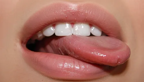 Lustfully parted feminine lips, the tip of her tongue gently moistening the upper lip, perfectly aligned white teeth clearly visible in natural, flawless occlusion, sensual expression, realistic moist lip texture, highly detailed skin and mouth anatomy