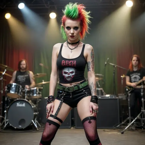 Ein kurviges Punkgirl, mit kleinen brüsten und rotem Irokesehaarschnitt, am Rücken mit "Bitch" tätowiert, einem kurzen, karierten Rock, einer overtstrupmfhose und roten Stiefeln, mit grünen Schnürsenkeln auf einem Punk-Konzert, als Groopy, auf f der Bühne. Der Sänger packt sie von hinten, schiebt ihr Shirt hoch und spielt an ihren Nippeln, während er ihr seinen Penis tief in ihren Arsch stößt.