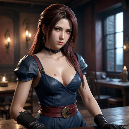 CGI, realistic style, detailed textures, dark brown hair, long hair, serious expression, long navy medieval dress, full breasts, black gloves, black belt, leather bag, dimly lit room, dark red walls, goblets and wine on tables, gold accents, tools in background, soft lighting, reflection on water surface, Tifa looking down, thoughtful mood, video game character, Final Fantasy VII, Tetsuya Nomura, digital art, high resolution, detailed shading, semi-realistic, <lora:Tifa-Lockhart-Pony:.8>