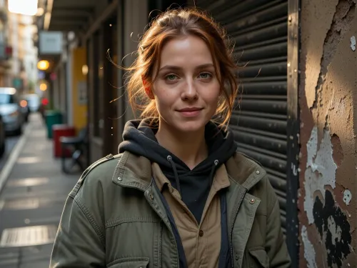 Ultra-realistic cinematic street portrait, exact recreation of the reference composition, an adult woman, 25 years old, positioned slightly right of center in the immediate foreground, framed from approximately mid-torso upward, body angled subtly toward the viewer while her face turns directly toward the lens, relaxed shoulders, calm confident posture, gentle closed-mouth smile, soft warm expression, direct eye contact, delicate natural facial structure, softly defined cheekbones, straight narrow nose, natural lips, deep green eyes, realistic asymmetry and subtle skin imperfections, medium olive-beige complexion with visible pores, fine facial texture and faint natural under-eye detail, long redhead hair loosely tied into a messy low bun, several fine strands falling naturally around her forehead, temples and cheeks, slightly windswept texture, layered worn street clothing, faded olive-gray oversized jacket with visible stitching, seams, creases and subtle stains, dark charcoal hooded sweatshirt beneath it, muted taupe shirt underneath, realistic layered collars and fabric thickness, narrow urban alleyway receding behind her toward the left, weathered wall immediately beside her on the right with peeling paint, rough plaster, graffiti traces and dark irregular patches, closed dark metal roller shutter behind her shoulder, heavily blurred background with indistinct parked vehicles, street furniture and storefront elements, warm golden-hour sunlight entering from behind and above, strong amber rim light tracing her hair and right shoulder, soft natural frontal fill on her face, glowing backlit stray hairs, tiny illuminated dust particles suspended in the air, shallow depth of field, creamy circular bokeh, 50 mm full-frame photographic look, approximately f/1.8, eye-level viewpoint, extremely sharp focus on eyes and facial skin, background strongly defocused, warm cinematic color grading, muted olive, brown and charcoal palette, soft highlight roll-off, realistic dynamic range, subtle film grain, restrained microcontrast, natural optical imperfections, documentary authenticity, photorealistic skin, fabric and masonry textures, natural facial proportions, highly detailed professional editorial photography