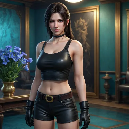 CGI, realistic style, detailed textures, dark brown hair, long hair, serious expression, black crop top, black gloves, black shorts, black belt, leather bag, dimly lit room, teal walls, gold accents, bouquet of blue flowers in background, soft lighting, reflection on water surface, Tifa looking down, thoughtful mood, video game character, Final Fantasy VII, Tetsuya Nomura, digital art, high resolution, detailed shading, semi-realistic, <lora:Tifa-Lockhart-Pony:.8>