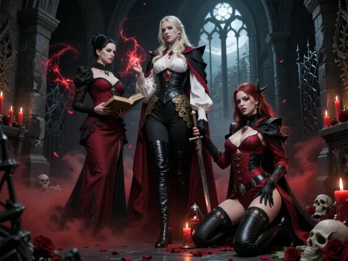 A dramatic dark gothic fantasy illustration depicting the three vampire brides of Strahd together inside an ancient crypt beneath Castle Ravenloft. The scene is cinematic, sinister, decadent and richly atmospheric, lit by red candles, cold moonlight through tall gothic arches, and swirling crimson mist close to the floor. Black stone, skulls, ironwork, scattered rose petals and ornate gothic details fill the background.

On the left stands Ludmilla Vilisevic, an elegant dark-haired vampire scholar and arcane controller. She has very pale skin, refined features, and a cold intelligent expression. Her long dark hair is styled in an aristocratic updo with subtle jewelry. She wears a floor-length burgundy, black and crimson gothic gown with embroidery, fitted sleeves and dark jewelry. She holds an ancient open spellbook in one hand, while the other is raised, surrounded by swirling crimson-black arcane energy like blood magic. She appears composed, calculating and intellectually dangerous.

In the center stands Anastrasya Karelova, the protector and martial guardian of the trio. She is tall, imposing and aristocratically beautiful, with very pale skin and long pale blonde hair in loose braids and waves. Her expression is proud, calm and commanding. She wears a striking black, ivory and dark red duelist outfit, an ivory blouse with voluminous sleeves under a fitted black corseted coat with brocade, gold filigree, red gemstones, a long dark red cloak and tall black leather boots. She carries an elegant ornate rapier held downward at her side. Her posture is upright, controlled and protective, clearly standing as the dominant centerpiece and bodyguard of the three.

On the right crouches Volenta Popofsky, the feral predator of the trio. She has very pale skin, wild dark crimson-red hair, predatory eyes, visible fangs and a cruel delighted grin. She leans forward in an aggressive hunting pose, eager for violence. She wears asymmetrical black and blood-red gothic leather with straps, buckles, fingerless gloves and high leather boots. Small alchemical vials hang from her belt. She grips a bloodstained dagger in one hand and a small glass vial of glowing red liquid in the other. She looks like a vicious vampire assassin and unstable alchemist.

The composition should clearly show their different roles while keeping them visually unified, Ludmilla as arcane intelligence on the left, Anastrasya as the dominant protective centerpiece, and Volenta as the crouching violent predator on the right. Full-body or near full-body composition, slightly low camera angle, painterly realism, highly detailed fantasy illustration, rich gothic horror atmosphere, dark romantic horror, realistic anatomy, no modern elements.