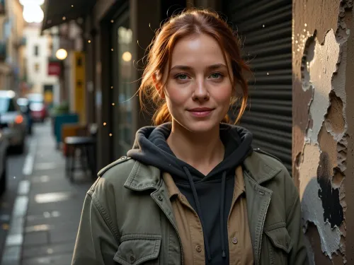 Ultra-realistic cinematic street portrait, exact recreation of the reference composition, an adult woman, 25 years old, positioned slightly right of center in the immediate foreground, framed from approximately mid-torso upward, body angled subtly toward the viewer while her face turns directly toward the lens, relaxed shoulders, calm confident posture, gentle closed-mouth smile, soft warm expression, direct eye contact, delicate natural facial structure, softly defined cheekbones, straight narrow nose, natural lips, deep green eyes, realistic asymmetry and subtle skin imperfections, medium olive-beige complexion with visible pores, fine facial texture and faint natural under-eye detail, long redhead hair loosely tied into a messy low bun, several fine strands falling naturally around her forehead, temples and cheeks, slightly windswept texture, layered worn street clothing, faded olive-gray oversized jacket with visible stitching, seams, creases and subtle stains, dark charcoal hooded sweatshirt beneath it, muted taupe shirt underneath, realistic layered collars and fabric thickness, narrow urban alleyway receding behind her toward the left, weathered wall immediately beside her on the right with peeling paint, rough plaster, graffiti traces and dark irregular patches, closed dark metal roller shutter behind her shoulder, heavily blurred background with indistinct parked vehicles, street furniture and storefront elements, warm golden-hour sunlight entering from behind and above, strong amber rim light tracing her hair and right shoulder, soft natural frontal fill on her face, glowing backlit stray hairs, tiny illuminated dust particles suspended in the air, shallow depth of field, creamy circular bokeh, 50 mm full-frame photographic look, approximately f/1.8, eye-level viewpoint, extremely sharp focus on eyes and facial skin, background strongly defocused, warm cinematic color grading, muted olive, brown and charcoal palette, soft highlight roll-off, realistic dynamic range, subtle film grain, restrained microcontrast, natural optical imperfections, documentary authenticity, photorealistic skin, fabric and masonry textures, natural facial proportions, highly detailed professional editorial photography