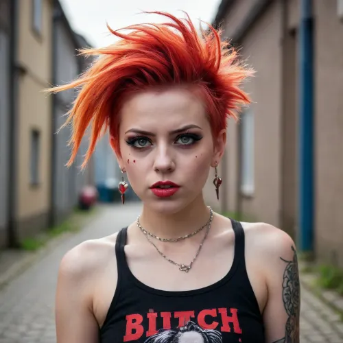 Ein kurviges Punkgirl, mit kleinen brüsten und rotem Irokesehaarschnitt, am Rücken mit "Bitch" tätowiert