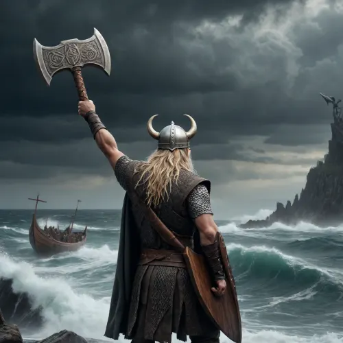 Surrealist art, old norse warrior, holding large battle axe above his head, viking ships in the background, stormy sea . Dreamlike, mysterious, provocative, symbolic, intricate, detailed