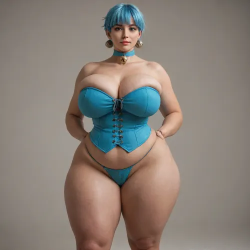very tall bbw pawg, huge hips, huge thighs, very thin waist, ((extra saggy bell type breasts)), short blue coloured hair, wearing a underbust corset, full front view image