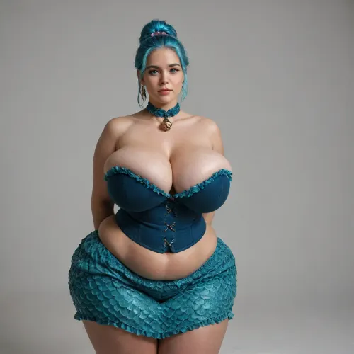 very tall bbw pawg mermaid, huge hips, huge thighs, very thin waist, ((extra saggy bell type breasts)), short blue coloured hair, wearing a underbust corset, full front view image