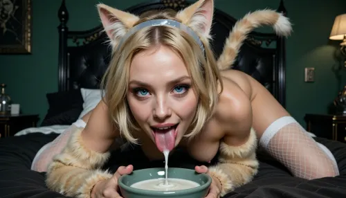 Fantasy setting, cgi render with imperfections, saturated dark green color style, the viewpoint is an extreme ultra close frontal macro focused on the womans face, the lens almost touching her face so that her face dominates the image in the immediate foreground while her entire body still remains visible in the frame through dramatic wide angle perspective and deep spatial composition, the main visual emphasis is on her eyes and tongue, ultra detailed irises, vivid blue cat eyes with clearly visible vertical slit pupils, realistic reflective corneas, highly detailed eyelashes, realistic pores, individual blonde hair strands, and her tongue extending downward into the milk, adult woman, 20 years old, slim athletic build, very long legs, shaggy short blonde hair, playful feline inspired cosplay, two small realistic cat ears made from soft blonde faux fur securely attached to a discreet plastic headband and naturally integrated into her hairstyle, blonde faux fur arm warmers extending toward the elbows, a long soft blonde faux fur costume cat tail attached at the waist, white fishnet thigh high stockings, firm small breasts, extraordinary long erect nipples, she kneels beside a small ceramic bowl of milk in a romantic bedroom and lowers her face playfully toward it in a humorous catlike gesture, her expression mischievous, cheerful and teasing, elegant feline body language, her face enormous in the foreground, her body receding behind it yet still fully readable from head to toe, strong focus on the extreme face detail and the tongue touching the milk surface, subtle milk reflections, shallow depth of field but with enough clarity to preserve the full body silhouette, the shadow scenario is enveloped in the deepest darkness imaginable, filled with thick swirling dark steam, ultra realistic, 32k, masterpiece 1 point 4, high detailed skin 1 point 1, high quality 1 point 1, ultra high res 1 point 4, beautiful cinematic lighting 1 point 4, strong micro contrast, premium full frame photography look, cinematic realism, playful, surreal, whimsical, highly detailed, masterpiece quality, surrounded by a spacious dark bedroom with a sophisticated dungeon inspired aesthetic, a large black metal bed as the central element layered with soft dark bed sheets, thick blankets and several comfortable pillows creating a cozy contrast to the severe surroundings, matte black walls and heavy black blinds covering the windows, low warm practical lighting with deep shadows, dark wood and black metal shelving filled with neatly arranged adult bondage accessories, leather cuffs, straps, collars, harness style accessories and folded latex garments, a decorative whip mounted visibly on one wall beside metal hooks and dark framed artwork, additional latex accessories displayed on shelves, subtle chains and polished metal fixtures integrated into the interior design, a few candles and small lamps adding warm amber highlights, rich textures of leather, latex, brushed steel, heav
