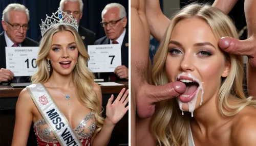 score_9, score_8_up, score_7_up, absurd_res, hi_res, Photorealistic horizontal split-screen, left half and right half completely independent.
Blank space divisor.

LEFT HALF, Miss universe contest, a Young blonde woman miss universe wearing a miss universe Classic outfit is receiving a queen crown, on the background the three old men Judges are giving her the grade 10, No oral actions, no cock, no cum on the left half.

RIGHT HALF, the same young blonde woman is surrounded by the same three old men judges. The men are naked with the penises erected surrounding the blonde girl. The girl is the hot miss universe and she is sitting on the floor doing a gang blowing. Her face, lips and chin are covered with thick white cum from the first frame and the cum stays on her face the entire time. She greedily sucks the cock, looking at the camera with a happy pleasure expression, moving her mouth on the cock and smearing the cum. No speaking, no dialogue, only soft wet sucking sounds and her quiet pleasure breathing. No counter, no uniform visor actions.

LEFT half = active flirty gesturing, leaning closer, energetic monologue. RIGHT half = only continuous gang blowjob with permanent cum and pleasure. The two halves never exchange actions, faces, or sound. Strict real-time normal speed.

Pure visual video, absolutely no subtitles, no text, no captions.