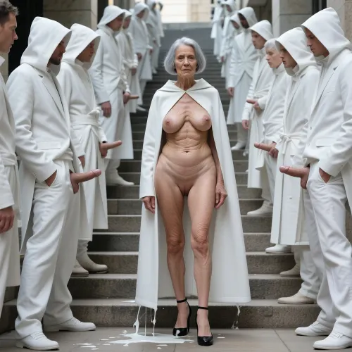 (A 90-year-old naked woman:1.8), . Her skin is wrinkled. The old woman has gray hair., (Small, very sagging breasts:3.8), ., (Highly detailed skin), . Bob haircut., . A wrinkled old woman, completely naked, has very large areolas and wears black high heels. Her hair is cut in a short bob. She stands in the middle of clothed men who have taken their penises out of their pants and are watching her while masturbating. Some of their semen falls to the floor, and the rest in the direction of the woman. The old woman seems satisfied.

full view, a crowd of models walking down a stone staircase, wearing avant-garde monochromatic white high-fashion outfits, hooded capes, structured white coats, sleek and minimalist design, clinical and sterile aesthetic, soft diffused lighting, brutalist architecture, monochromatic palette, high-end fashion show, cinematic atmosphere, 8k resolution, photorealistic, sharp focus, fashion photography style, detailed fabric textures, symmetrical composition.