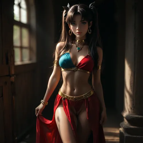 rin tohsaka from fate zero dross style reiq 1girl, heart shapes around., blushing, female elf, dancer girl, female dancer outfit. Thick thighs. medium breasts, small innie pussy, golden earrings, one breast is naked, bright eyes. silk lewd skirt, very aesthetic., big pussy. Puffy pussy. Cameltoe. elastic breast, score_9, score_8_up, score_7_up, original, sunlight in, Photorealistic, Hyper-detailed, 8k resolution, Sharp focus, Masterpiece, Extremely high fidelity, (perfect detailed face), (high realistic), (extreme realism), (dappled light, dappled sunlight), Natural blemishes, freckles, moles, discolorations, Subsurface scattering, ., <lora:MJ52:1.5>, <lora:attractive_notrigger:1.4>, <lora:BUT_SDXL_SHS:1.2>, <lora:Jeweled eyes-NAI:1>, <lora:dark:1.4>