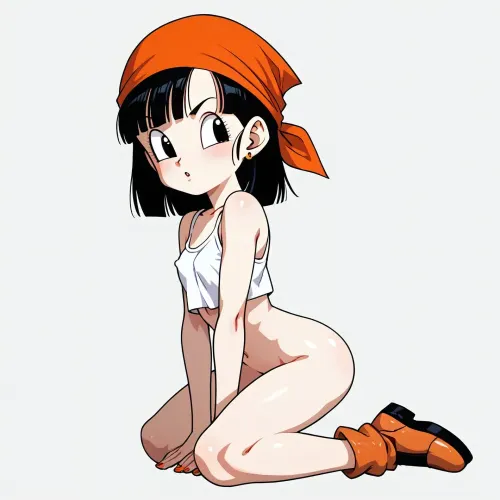 Single character, Pan from Dragon Ball Z, petite body, short stature, small frame, pale skin, white skin, kneeling on hands and knees, penetration from behind, wearing a small white crop top and orange bandana, cartoon character, thick black outlines, bold simple lines, flat colors, cel shaded, mobile game art style, animated ad style, bright saturated colors, black hair, simple facial features, minimal shading, clean background, 2D illustration, vector art style, cartoon network style, anime ad, heroic character, white top, simplified details, high contrast, bold shapes, pop art influence, game advertisement, clear simple lines, vibrant colors, naked, limon tits, big ass.