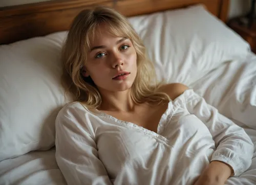 looking relaxed, slightly tousled long light blonde hair and bangs, Lay down on her back in side in white bed, white pillow, not covered up, view from a slightly elevated side angle, warm spotlight, warm light, night, (hyper detailed), perfect small brests, hard nipples, full body, flat, chested, <lora:MJ52:1>, <lora:flat_chested_v3.5:.1>