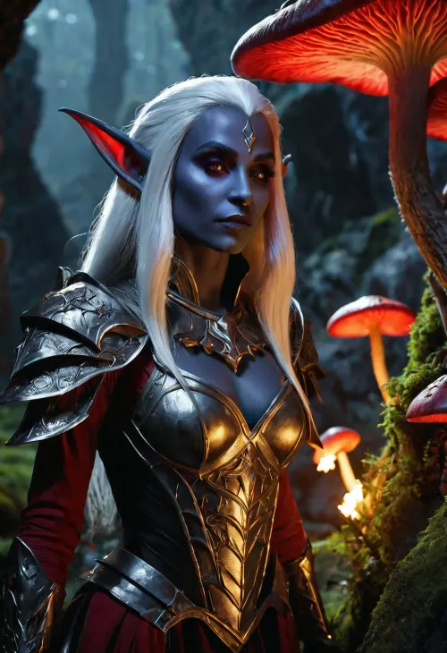 Gold foil, black and white, 4K, HD, Unreal Engine 5, hyperrealistic, Octane render, cosplay RPG portrait of a dark elf, (drow), detailed, glowing red irises, snow white long hair, in steel Gothic armor, Set against a backdrop of glowing, multicolored giant mushrooms and mosses in the rocky tunnels of the underground world of D&D, medium shot, in three-quarter profile, dynamic lighting, intricate details, summer brightness, cinematic, full body in frame
