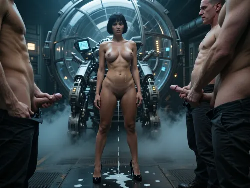 (A 30-year-old naked woman:1.8), . Her skin is tanned. The woman has black hair., (Small, very sagging breasts:3.8), ., (Highly detailed skin), . Bob haircut., . Completely naked, has very large areolas and wears black high heels. Her hair is cut in a short bob. She stands in the middle of clothed men who have taken their penises out of their pants and are watching her while masturbating. Some of their semen falls to the floor, and the rest in the direction of the woman. The old woman seems satisfied.

cinematic shot of a lone pilot inside a spherical, high-tech glass cockpit of a complex mechanical walker, intricate metallic structure, dark industrial aesthetic, gritty textures, glowing control panels, moody atmospheric lighting, misty and foggy environment, dystopian sci-fi vibe, highly detailed mechanical parts, volumetric fog, sharp focus, masterpiece, 8k resolution, photorealistic, industrial design, cinematic composition, desaturated color palette with cool blue and grey tones.