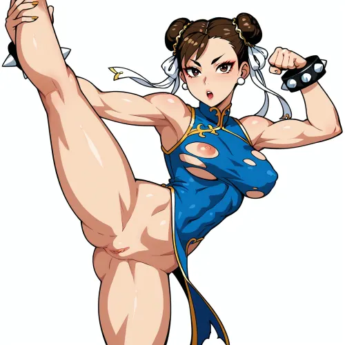 Single character, Chun-Li from Street Fighter, athletic and slender build, performing her signature high aerial split kick, legs spread wide apart in mid-air, facing viewer, wearing a torn blue qipao top, no bottom clothing, showing breasts and vagina, in an action pose, cartoon character, thick black outlines, bold simple lines, flat colors, cel shaded, mobile game art style, animated ad style, bright saturated colors, simple facial features, minimal shading, clean white background, 2D illustration, vector art style, cartoon network style, anime ad, heroic character, simplified details, high contrast, bold shapes, pop art influence, game advertisement, clear simple lines, vibrant colors, naked, limon tits, big ass.